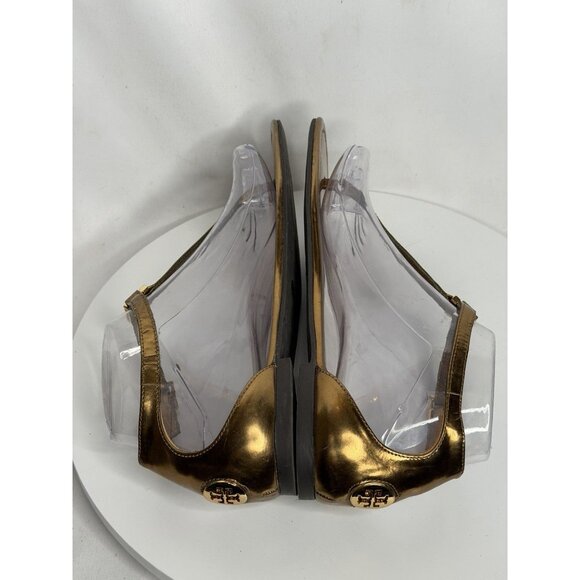 Tory Burch Metallic Leather T Strap Thong Sandals US 7.5 Gold Logo Flats - Picture 5 of 9